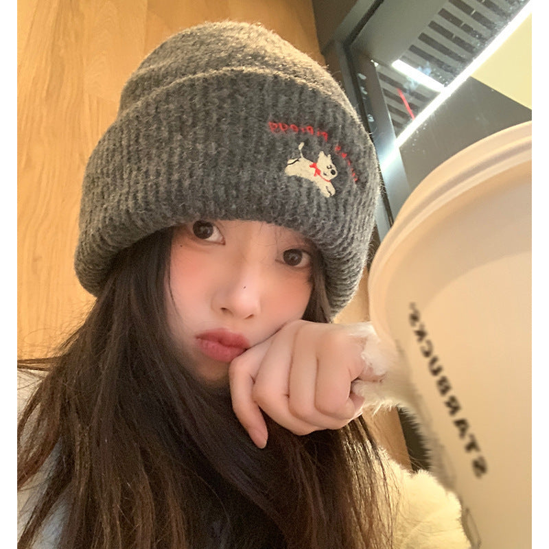 Wholesale Cute puppy embroidered warm woolen hat Beanie